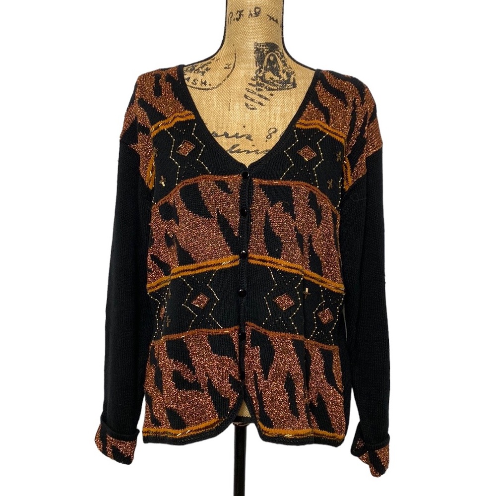 Vintage N8tive Nits Black Gold Beaded Embroidery Button Cardigan XL